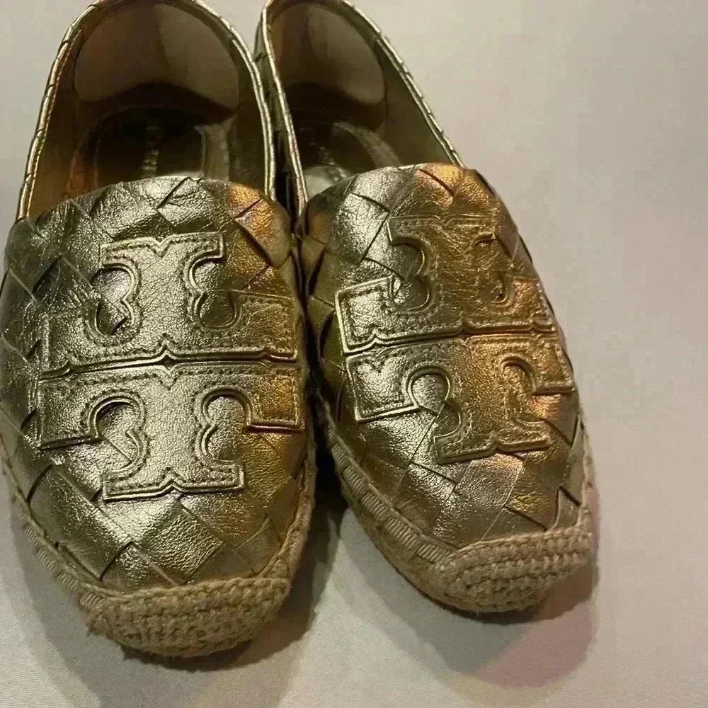 TORY BURCH Woven Leather Espadrille Flats 5 Loafer Gold Metallic Leather Ines